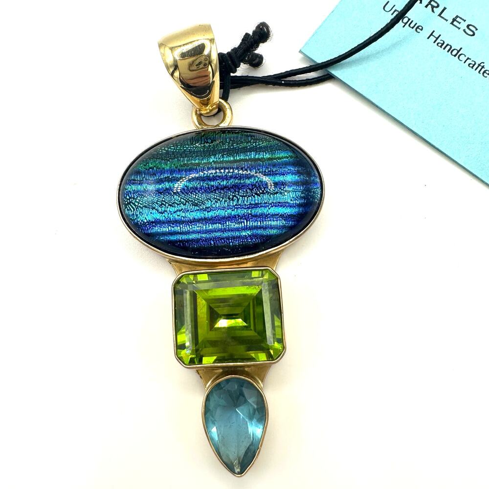 Charles Albert NWT artisan gold plated dichroic art glass blue green CZ pendant